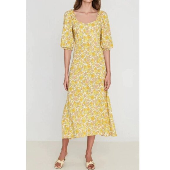 Faithfull The Brand Dress 10 Yellow Floral Puff Short Sleeve A-Line Midi Bronte - Picture 3 of 7